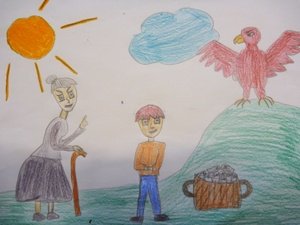 Julika Széchényi, Klasse 5a, hat ein Bild aus ihrer Lieblingsgeschichte gezeichnet: Es zeigt Grandma, David and the wind eagle.