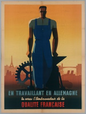 1943 Das Plakat stellt die Arbeit in Deutschland als ehrenvollen Einsatz für Frankreich dar.  Es wird behauptet, französische Arbeiter würden in Deutschland die ,französische Qualität' vertreten. So wurde die Arbeit für die deutsche Kriegswirtschaft positiv umgedeutet. Die Propaganda verdeckte, dass viele Franzosen nicht aus freier Entscheidung, sondern unter wachsendem Druck nach Deutschland gingen.  Übersetzung: Wenn du in Deutschland arbeitest, wirst du Botschafter der französischen Qualität sein.